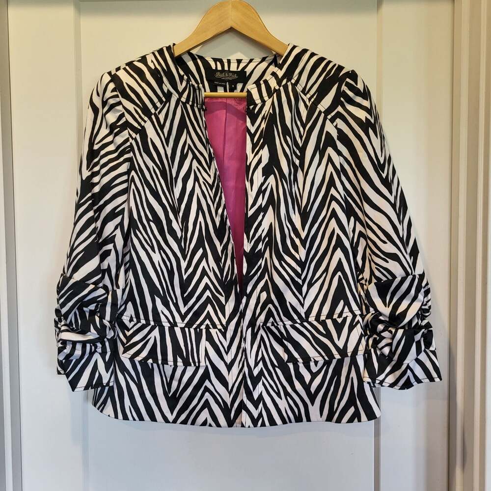 Animal Print Peck & Peck Collection Zebra Print Ruched Sleeve Open Front Blazer,